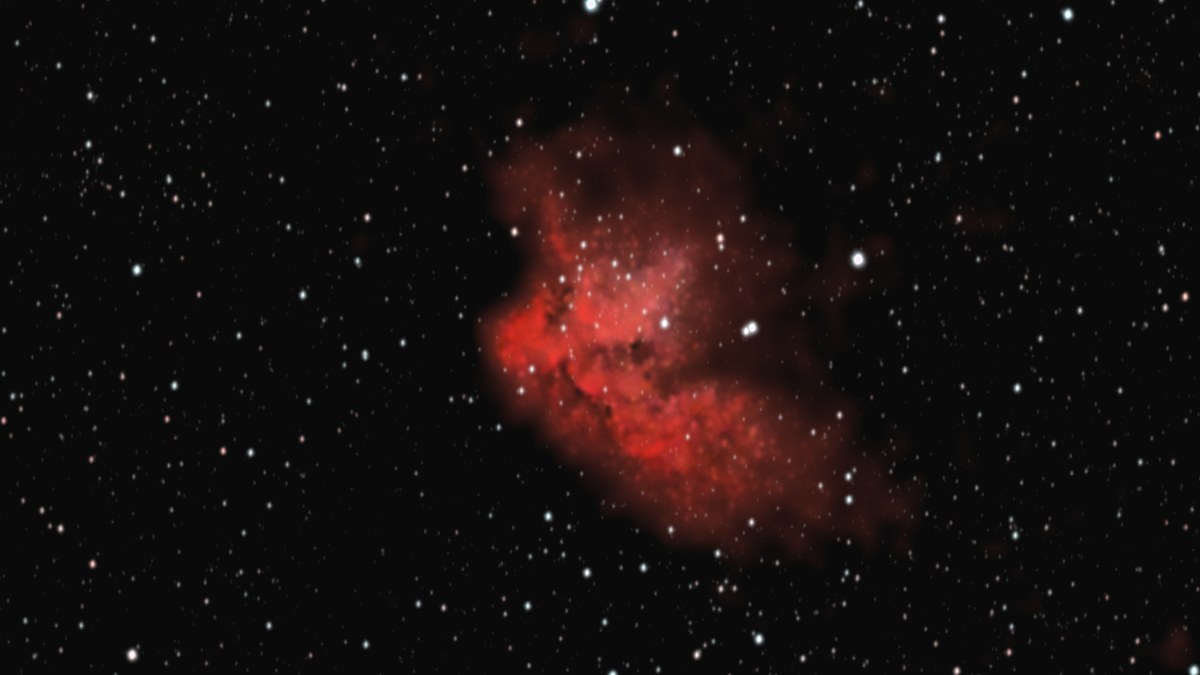 NGC 7380, the Wizard Nebula, a small red cloud crossed by dark lanes of dust, in the middle of a wide field of stars.