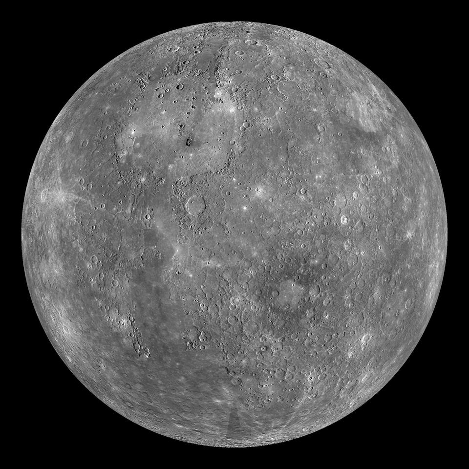 Mercury photographed by the MESSENGER spacecraft, a grey heavily cratered globe that looks strikingly like the Moon.